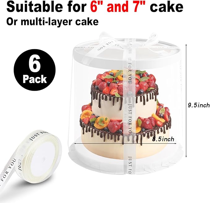JCD 6Pcs 8.5 * 9.5inch Round clear cake boxes with Ribbon,Ideal for 7inch and 6inch Tall Layer Tiered Cakes,Multi-Layer cake boxes for Christmas Bakery Treat (Black, Round 8.5inch/6pcs)