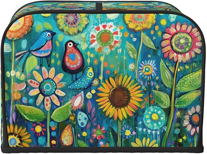 Folk Art Birds Flower Covers for Toasters 4 Slice,Cute Funny Bread Machine Cover with Handle,Washable Stain Resistant Kitchen Small Appliance Cover Dining Decor