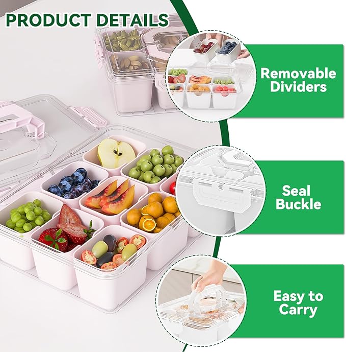 REBECAT Divided Serving Tray with Lid and Handles 9 Compartments Snack Box Container Charcuterie Organizer Snackle Box Container for Candy,Nuts，Fruits,Snacks,2 Pack,Pink