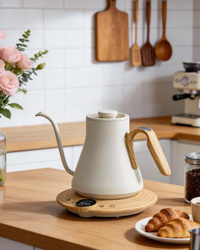 Cocinare Barista Collection Gooseneck Electric Kettle, ±1℉ Precise Temperature Control for Pour-Over Coffee & Tea, Quick Heating 1500W, Stainless Steel Interior, 0.9L (White Maple)