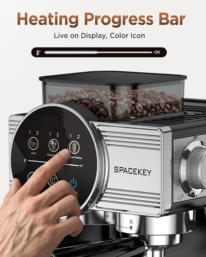 Spacekey Espresso Machine with Grinder - 20 Bar All-in-One Coffee Maker with Milk Steam Wand/Frother, Cold Brew, 30 Grind Settings, 60oz Removable Tank - Home Barista Kit for Lattes, Cappuccinos
