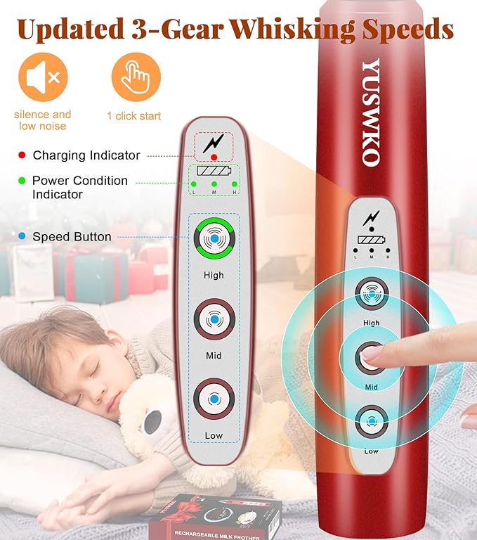 YUSWKO Milk Frother Handheld for Coffee, Rechargeable Drink Mixer with 3 Heads 3 Speeds Electric Coffee Frother Whisk, Gift for Many Occasions and Festival