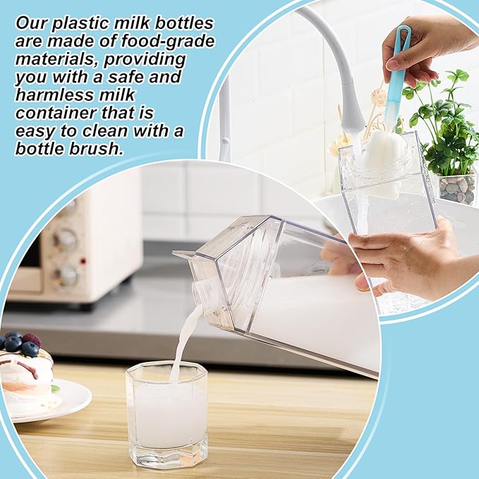 4 Pack 64 oz Large Milk Carton Water Bottle with Cleaning Brush Clear Plastic Milk Bottle Portable Leakproof Juice Container Reusable for Refrigerator for Outdoor Climbing Tour or Camping