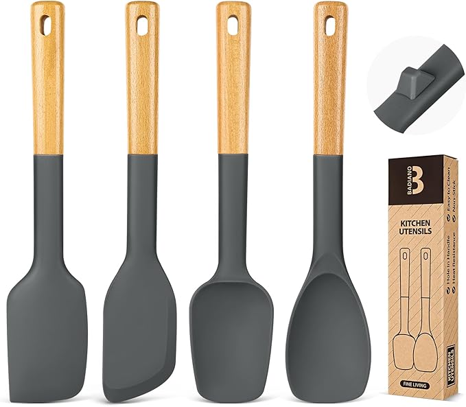Silicone Spatula Spoon Set, Great for Mixing, Folding, Scraping, and Spreading, Sturdy BPA-Free Matte Silicone, Wooden Handle Rubber Spoonula for Nonstick Cookwares,4 Pack (GREY)