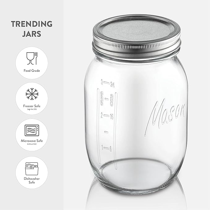 Paksh Novelty Mason Jars - Food Storage Container - 32 oz 6-Pack - Airtight Container for Pickling, Canning, Candles, Home Decor, Overnight Oats, Fruit Preserves, Jam or Jelly