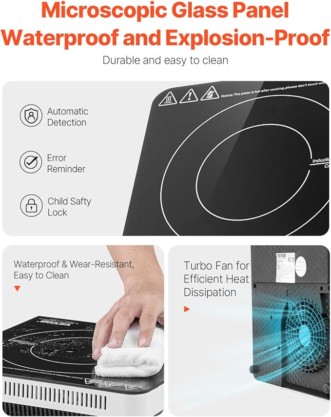 VEVOR Portable Induction Cooktop, 1500W Electric Induction Burner with 9 Temperature Settings, Countertop Induction Hot Plate with 4H Timer, 24H Reservation, Child Lock, Easy to Clean, for Cooking