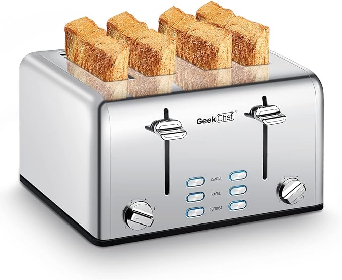 Geek Chef Stainless Steel Toaster 4 Slice, with Extra Wide Slots for Bagels, Removable Tray, Cancel/Defrost/Reheat Functions