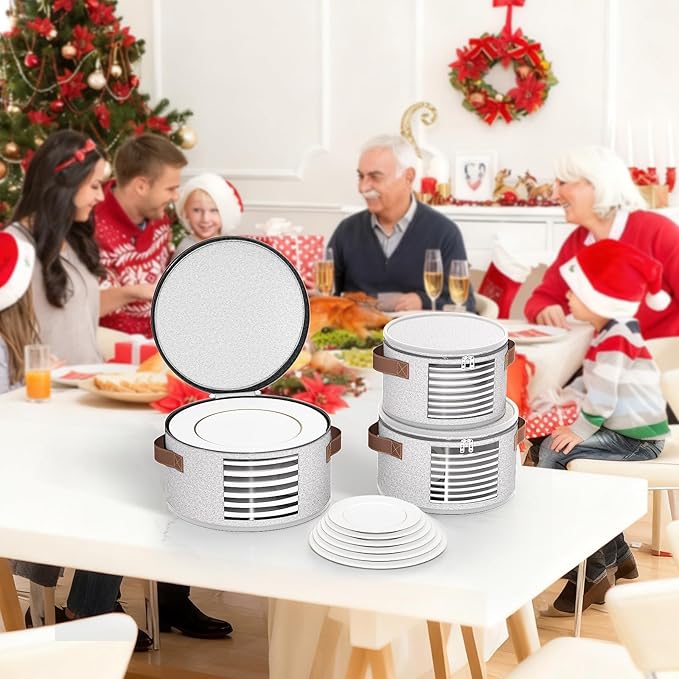 4 Piece China Storage Containers, Dish Storage Containers with Clear Windows, Hard Shell Plate Organizer with Handles, Stackable Stemware Storage Cases, Moving Boxes for Dishes, Plates, Light Gray