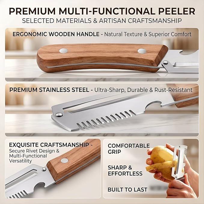 2-Pack Premium Vegetable Peeler with Wooden Handle and Bottle Opener, Multi-Functional Vegetable Peeler for Kitchen, Kitchen Gadgets Tool for Fruit Pumpkin Peeling Potato Carrot Veggie Peeler