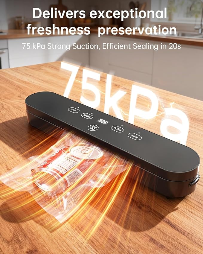Food Vacuum Sealer Machine, 75kPa Compact Vacuum Sealer for Food, 4-in-1 Food Sealer with Digital Timer, Moist/Dry, Pulse, Seal Modes, Includes 20 Vacuum Bags, Perfect for Freezer Storage
