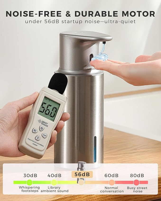 Automatic Liquid Soap Dispenser Touchless, 304 Stainless Steel Bottle Body &16.2oz/480ml Rechargeable, 3 Adjustable Liquid Levels, IPX7 Waterproof, for Kitchen Bathroom, Stainless Steel