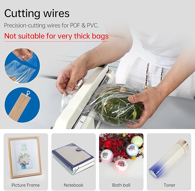 Impulse Heat Sealer with Hot Cutting Wire, Heavy-Duty Bag Sealing & Cutting Machine, 2 Extra Replacements, 8 Stalls Temperature Adjustment, White, 16-Inch