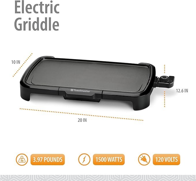 Toastmaster Electric Griddle - Flat Top Nonstick Griddle - Cookware for Breakfast & More - Skillet Griddle with Adjustable Temperature - Kitchen Appliance for Pancakes - 10" x 20" Cooking Surface