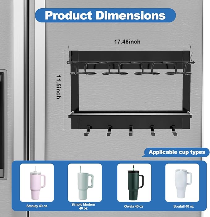 Magnetic Water Bottle Organizer for Stanley 40 oz Refrigerator Stanley Cup Organizer Holder Heavy-Duty Tumbler Holder Organizer Stanley 3 Cup Accessories, Easy to Install