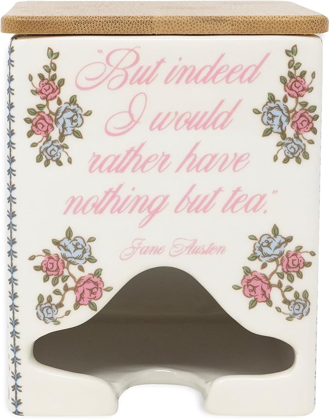 Steel Mill & Co Ceramic Tea Bag Dispenser with Bamboo Lid, Tea Storage Container for Kitchen Counter, Organizer for Tea Bags, Cute Bookish Gift for Tea Lovers (Jane Austen Quote)