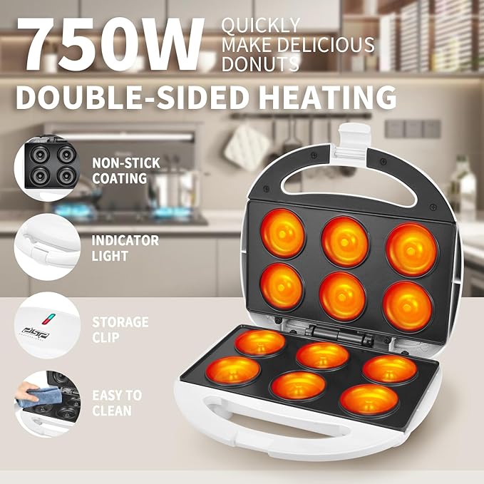 DSP Mini Donut Maker - Non-Stick, Cool Touch Electric Doughnut Machine for Mini Donuts - Perfect for Breakfast, Snacks & Desserts (White, 6 Donuts)