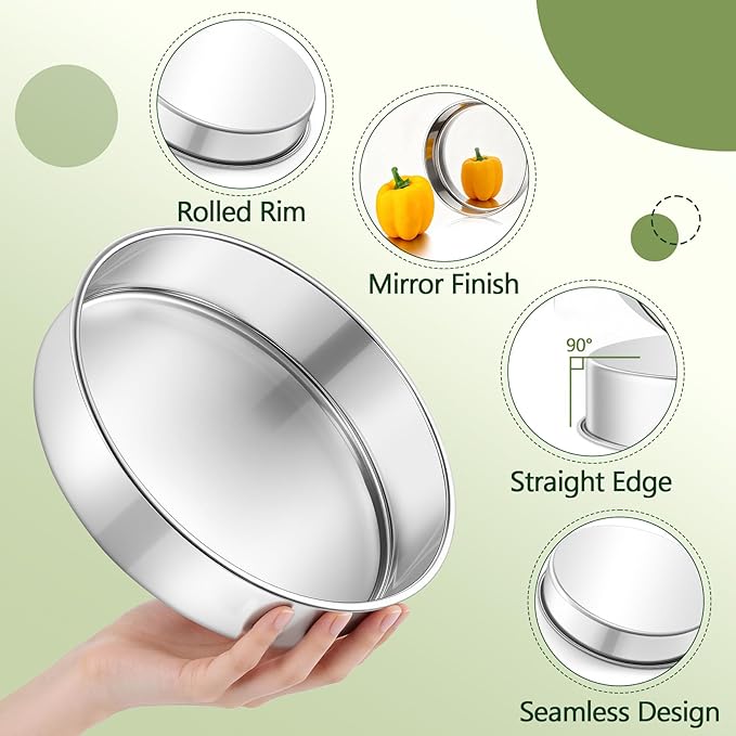 P&P CHEF 9 Inch Cake Pan Set of 4, 4 Pieces Round Layer Cake Baking Pans, Stainless Steel Smash Cake Tin Bakeware for Cooking Steaming, Nontoxic & Sturdy, Oven & Dishwasher Safe