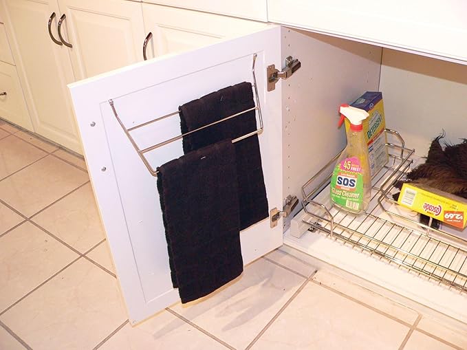 Rev-A-Shelf Under Sink Towel Holder for Kitchen and Bathroom Cabinets, Door Mount Wire Dish Rag Rack Hanger, Holds 3 Folded Wipes, Chrome, 563-32 C