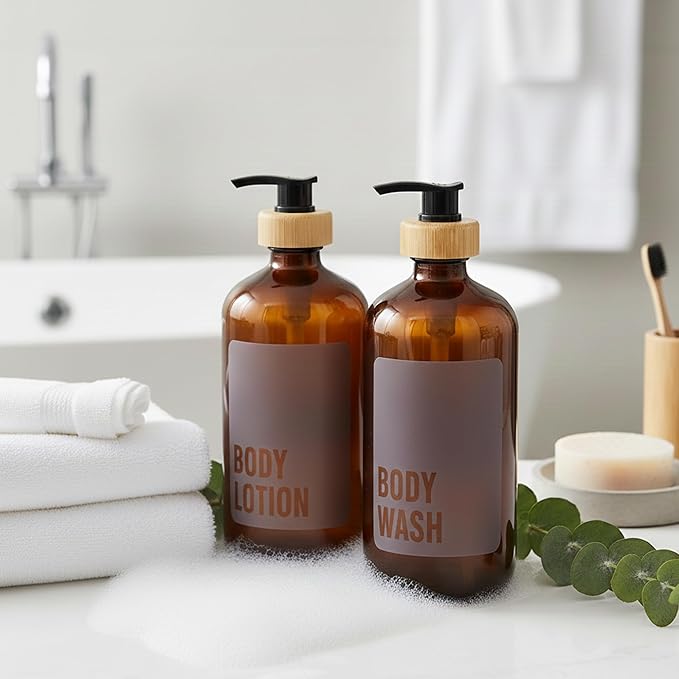 SAVVY & SORTED Amber Glass Soap Dispenser with Pump, Body Wash Soap Dispenser, Refillable Hand Soap Bottle for Bathroom, Matching Body Lotion Bottle Available, 17 Fl Oz / 500 ml