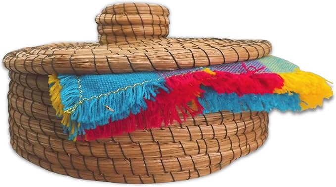 Authentic Mexican Tortilla Warmer Basket - Pine Needle Handwoven with Handloomed Cloth (Natural 10" w cloth)