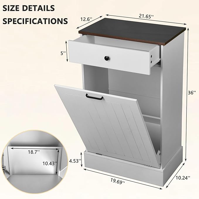 HRVEOCEI Single Tilt Out Trash Can Cabinet for 10 Gallon, Trash Can Holder Cabinet with Drawer, Farmhouse Garbage Cabinets for Kitchen Living Room, Easy to Clean (White)