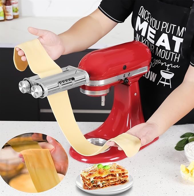 FavorKit 3 in 1 Pasta Maker Attachment Set for KitchenAid Mixers Plus Hub Knob Screw Accessory Included Dough Sheet Roller, Noodle Spaghetti & Fettuccine Cutters-Unique Design
