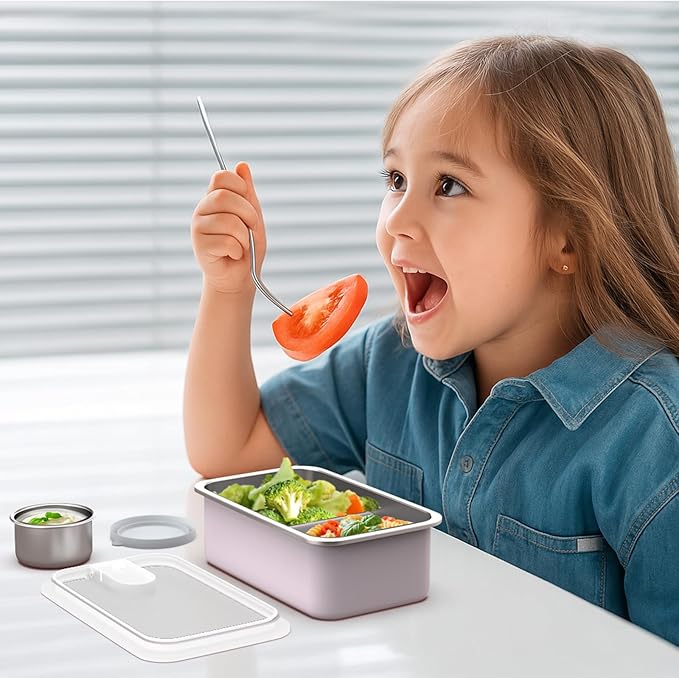 Bakpoco Stainless Steel Bento Lunch Box for Kids, 33oz Leak-Proof Lunch Box Containers, Microwave-Safe, with Adjustable Divider, Convenient Metal Lunchbox for School, Travel