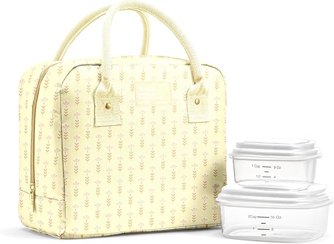 Fit & Fresh Bloomington Lunch Bag for Women - Insulated Large Lunch Box for Work with Containers, Leak-Resistant, Stain-Resistant, Zipper Closure, Butter Yellow Tiny Flowers