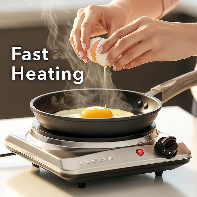OVENTE Electric Countertop Single Burner, 1000W Cooktop with 7.25 Inch Cast Iron Hot Plate, 5 Level Temperature Control, Compact Cooking Stove and Easy to Clean Stainless Steel Base, Silver BGS101S