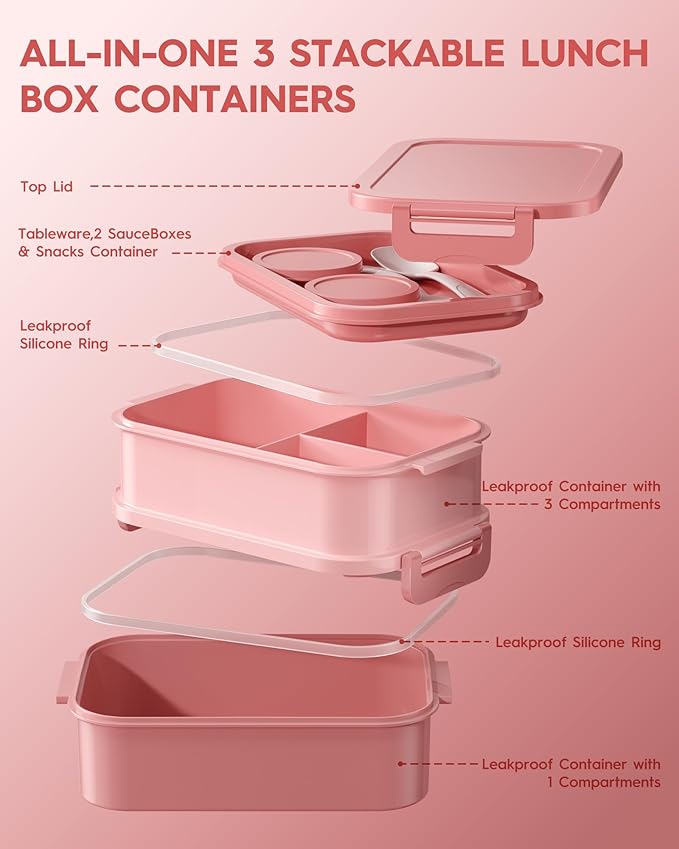 KEMETHY Adults Bento Lunch Box Set with Thermo Bag, 74oz Stackable Leak-proof 3-tiers Bento Box, Built-in Utensil and Sauce Container for Work, School, Dining Out (Pink)