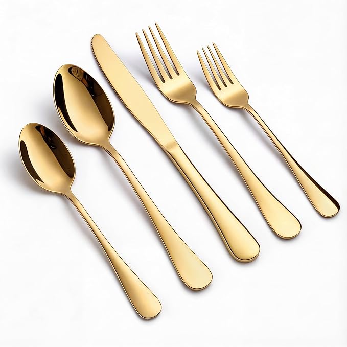 Gold Silverware Set, LIANYU 20 Piece Stainless Steel Flatware Cutlery Set for 4, Gold Mirror Finish, Ideal for Home Wedding Festival Party, Dishwasher Safe