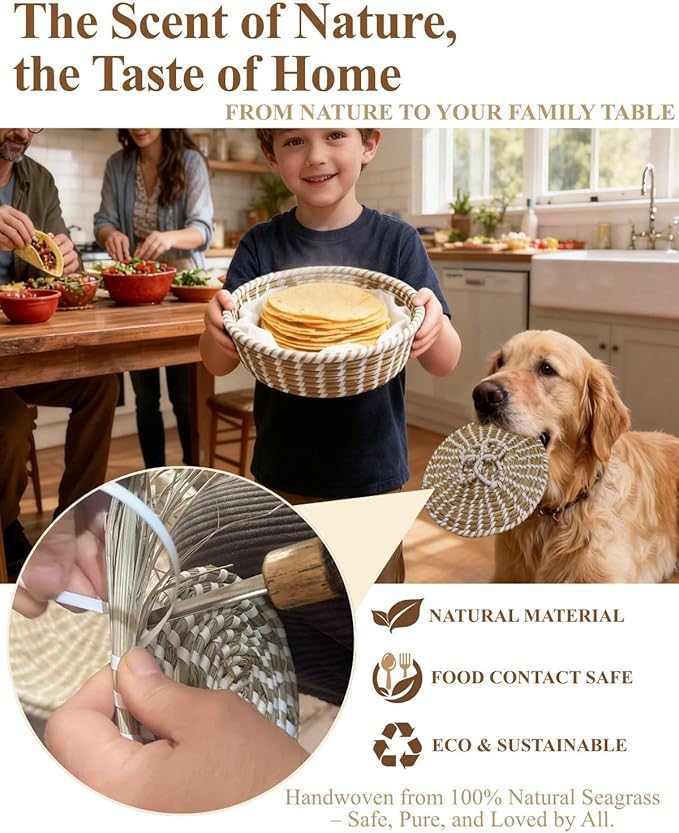 Handwoven Seagrass Tortilla Warmer Basket with Lid, 9.6" Breathable Natural Tortilla Holder with 2 Washable Cotton Liners, Boho Farmhouse Style Server for Tortillas, Roti, Pancake & Flatbread
