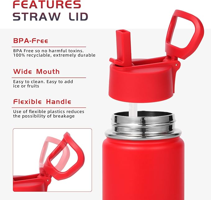 Volhoply 14oz KIds Water Bottle with Straw Lid and Silicone Boot Bulk 6 Pack,Stainless Steel Insulated Cups for Boys & Girls Multipack,Double Wall Vacuum Leakproof Bottles(Red,6)