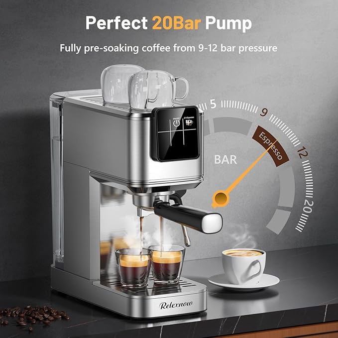 RELEXNOW Espresso Machine, 20 Bar Professional Espresso Coffee Maker with Milk Frother Steam Wand, Hot & Iced Coffee Machine, Compact Stainless Steel Coffee Machine for Cappuccino,Latte,Cold Brew