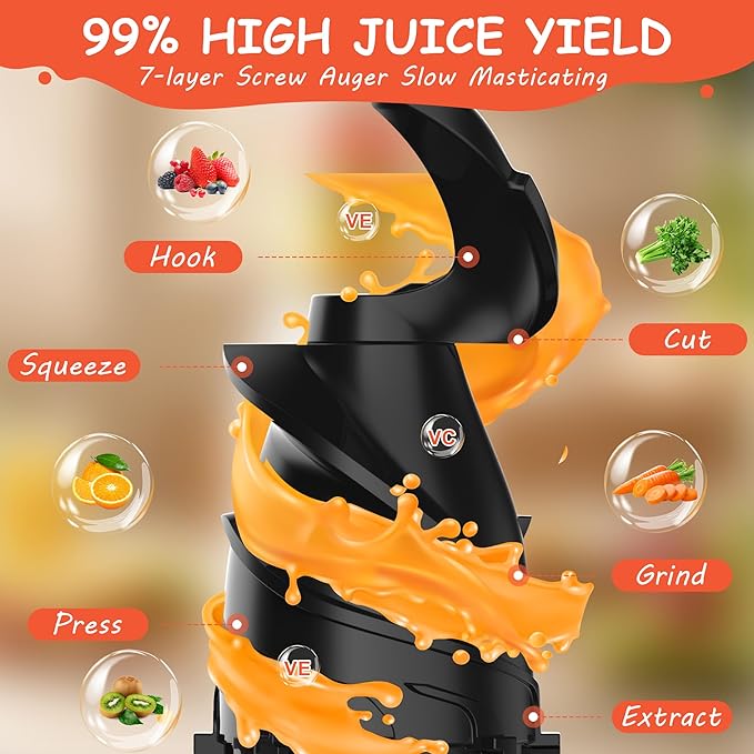 Hobsir Juicer Machines, 5.3-Inch Cold Press Juicers, Masticating Slow Juicer Machines with 300W, Large Feed Chute Juice Machines for Vegetables and Fruits, Easy to Clean Juicers, White
