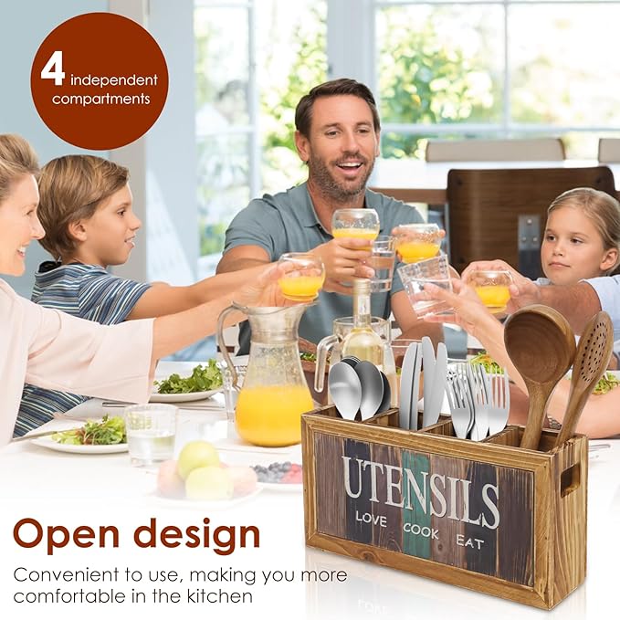 Wood Utensil Holder Practical Utensil Holder with 4 Compartments for Oil Bottle Spatula Cutter and Fork