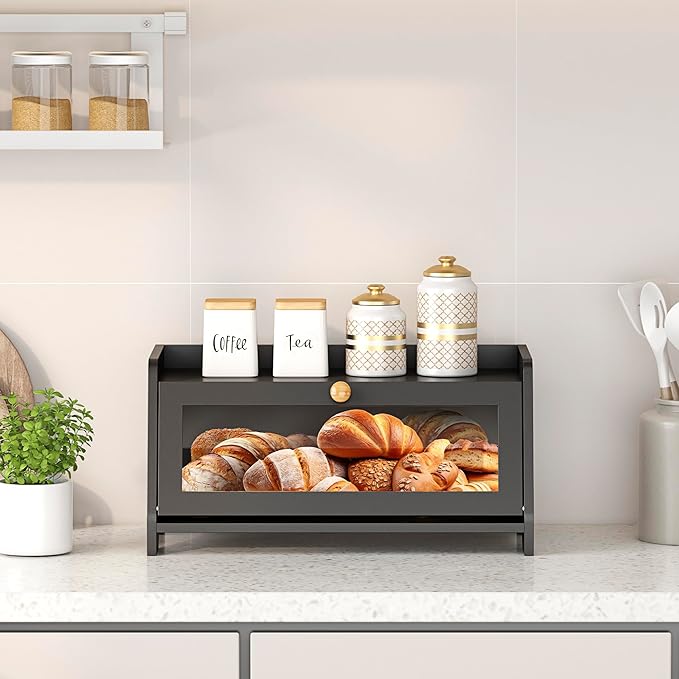 JANSNIMEN Bread Box for Kitchen Countertop, Large Bread Container Storage, Wooden Farmhouse Bread Box with Window Bread Holder (Black)