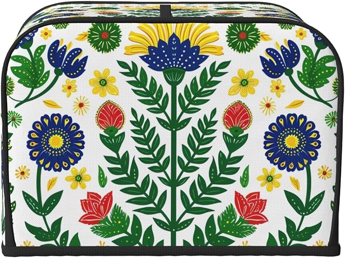 Mexican Folk Flowers Covers for 4 Slice Toasters,Cute Country Bread Machine Cover with Handle,Washable Stain Resistant Kitchen Small Appliance Cover Dining Decor