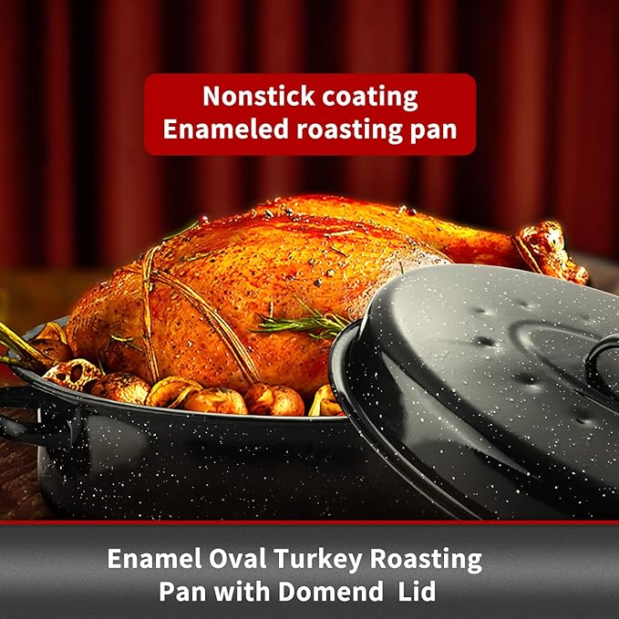JY COOKMENT Granite Roaster Pan, 18' Enameled Roasting Pan with Domed Lid. Oval Turkey Roaster, Great for Chicken, Lamb, Vegetable. Dishwasher Safe Cookware Fit for 18Lb Turkey