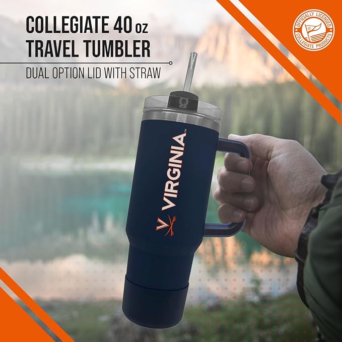 Campus Colors College & University 40 oz Travel Tumbler With Handle - Dual Option Lid With Straw - Vacuum Insulated Stainless Steel (Virginia Cavaliers - Navy)