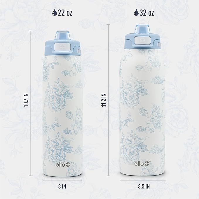 Ello Pop & Fill 32oz Stainless Steel Water Bottle with QuickFill Technology, Double Walled and Vacuum Insulated Metal, Leak Proof Locking Lid, Straw and Chug, Reusable, BPA Free, Porcelain Rose