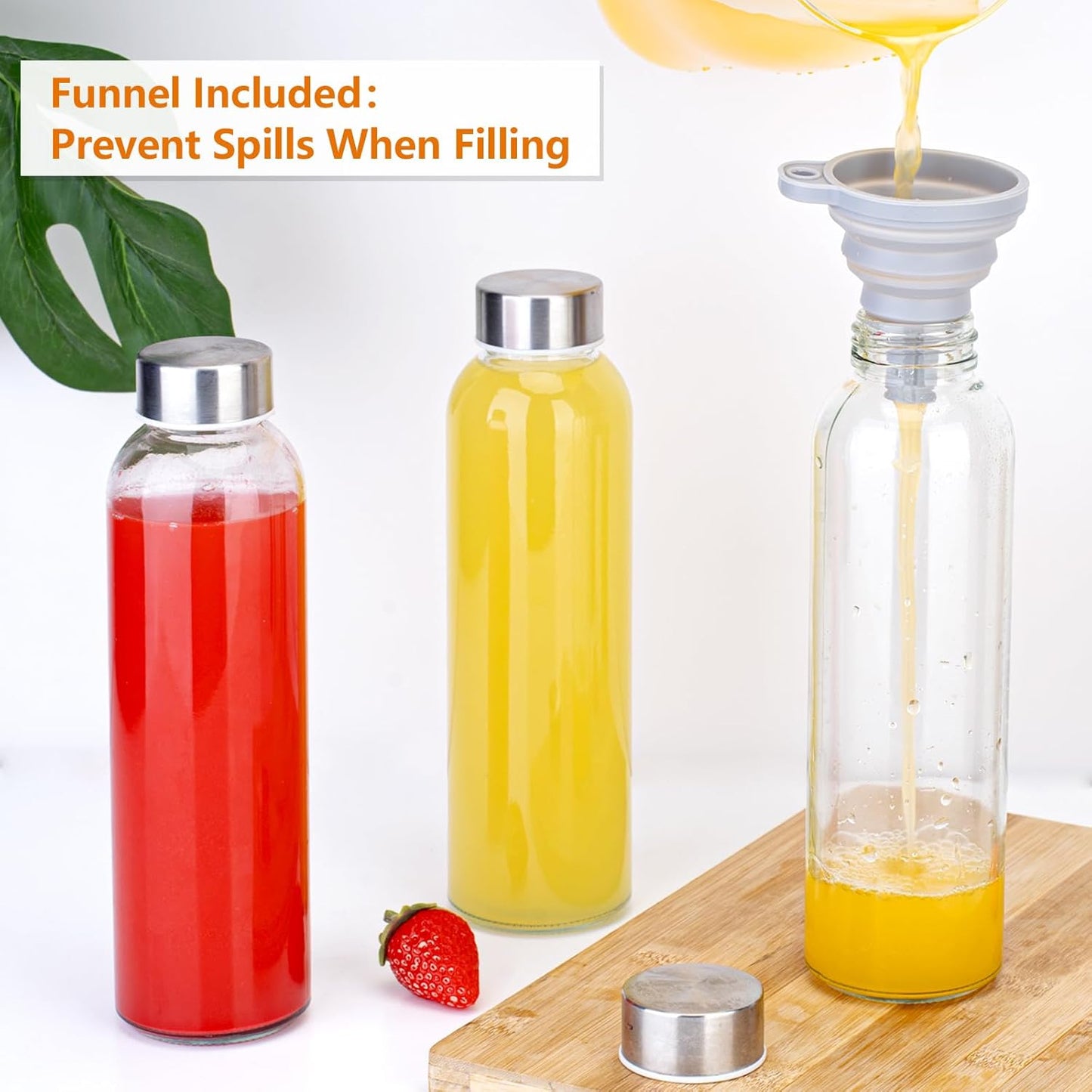 Zukro Glass Water Bottles with Lids 18 oz, 24 Pack Reusable Juice Bottles With Stainless Steel Airtight Cap for Juicing, Leak Proof Clear Drinking Jar Beverage storage container for Fridge, BPA Free