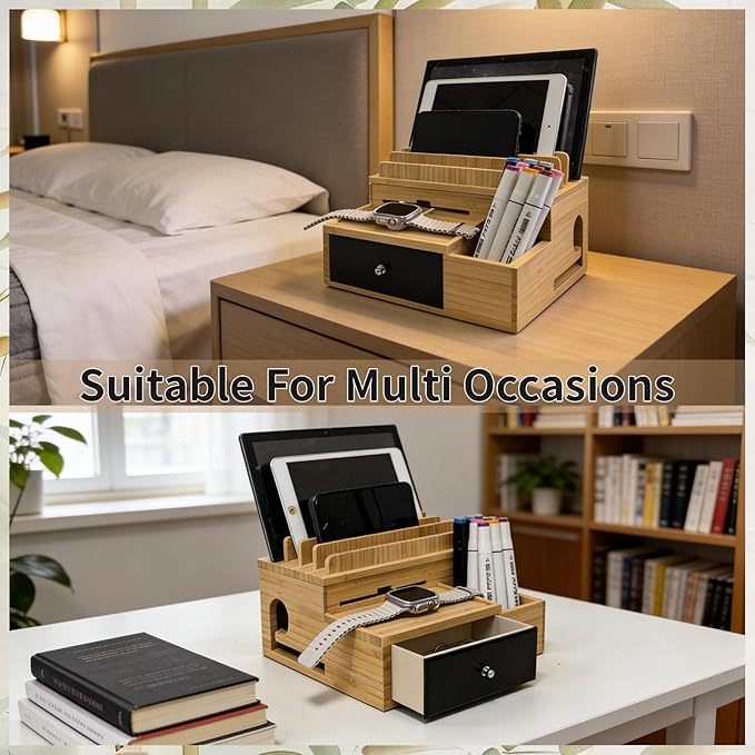 Bamboo Charging Organizer for Multi-Devices, with Drawer and Pen Holder, Nightstand Desk Charging Stations Electronic Organizer for Cell Phone, Tablet, Etc (with 5-Cable, No USB Charger)