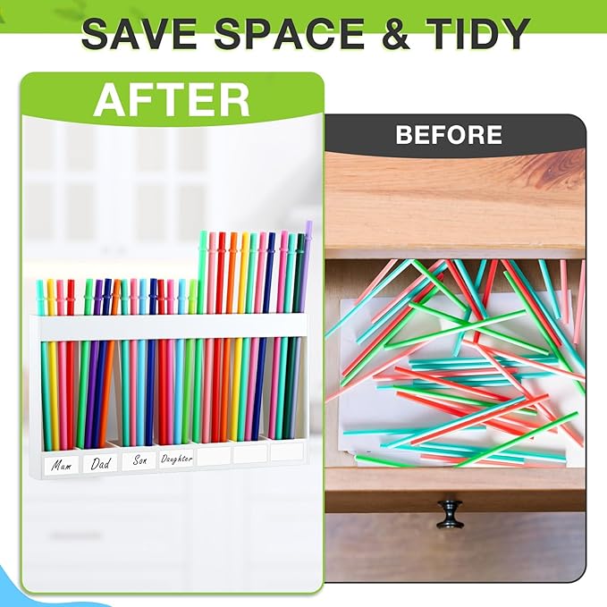 Qinyoung Acrylic Straw Holder for Cabinet Door with Double Sided Adhesive Tape Reusable Straw Organizer Tumbler Storage Kitchen Accessories Container for Counter Cupboard(Classic,Extra Large,White)