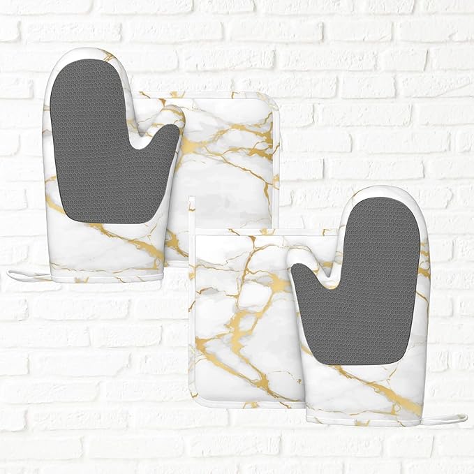 Luxury Marble White Gold Oven Mitts and Pot Holders Sets of 4, Heat Resistant Silicone Oven Mittens and Potholders Gloves Hot Pads for Kitchen Cooking Baking Grilling BBQ Chef