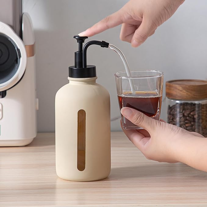 Enra Glass Soap Dispenser with Window,17oz Beige Hand Soap Dispenser Stainless Steel Hand Pump,Liquid Soap Dispenser Countertop Lotion Bottle for Bathroom Kitchen(Liquid-Beige)