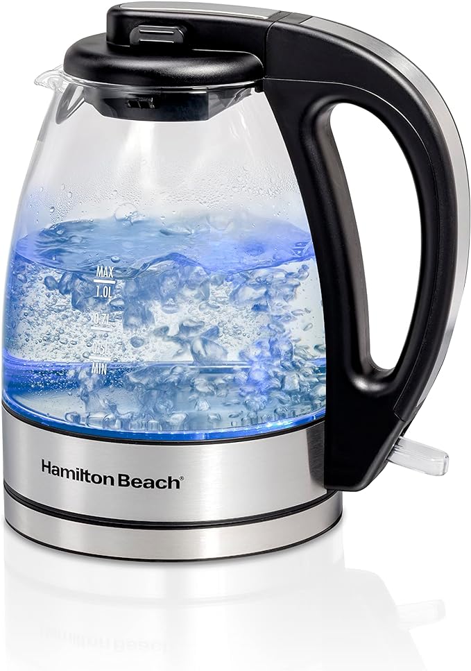 Hamilton Beach Glass Electric Tea Kettle, Water Boiler & Heater, 1 Liter, 1500 Watts for Fast Boiling, BPA Free, Cordless Serving, Auto-Shutoff & Boil-Dry Protection, Soft Blue LED (40930)