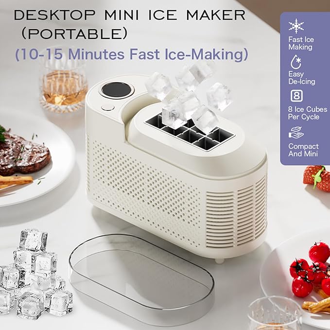 Countertop Ice Maker, Electric Ice Machine, 8 Cubes Ready in 10 Mins, Portable Ice Cube Maker with Car Power Cord, for Home & All Spaces, Clear & Large Ice Cubes,CreamWhite