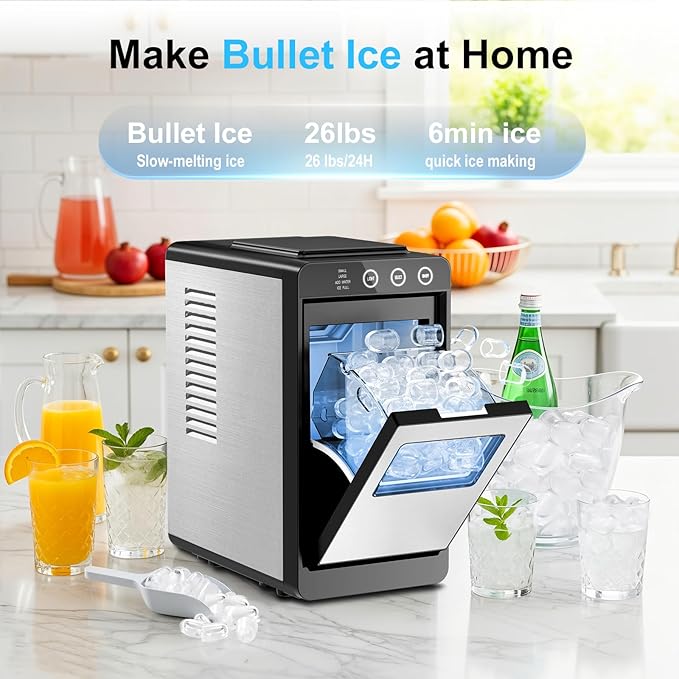 Kismile Ice Maker Countertop, 26Lbs/24H Bullet Portable Ice Maker Machine with 2 Ice Sizes, Interior Light, Self-Cleaning, 8 Cubes in 6 Mins, 0.8L Compact Ice Maker for Home, Kitchen, Stainless Steel