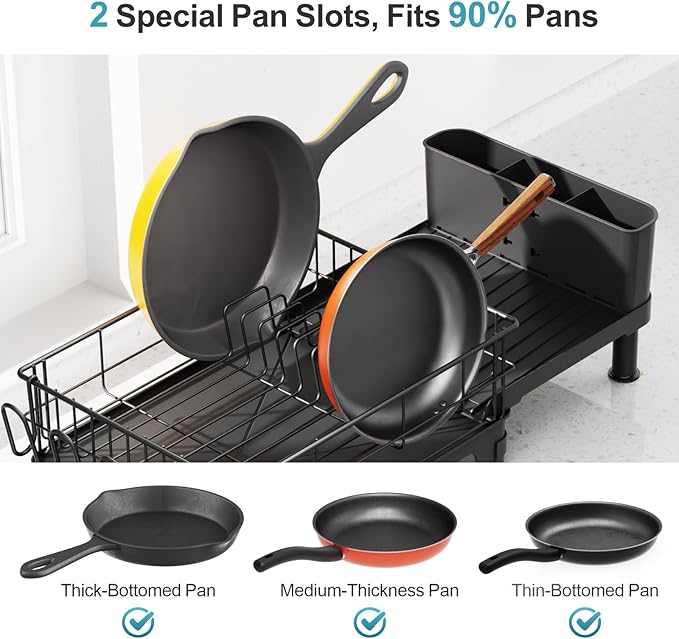 GSlife Large Dish Drying Rack for Kitchen Counter, Expandable Rust Resistant Dish Drainer with Drainboard & Utensil Holder, Adjustable Dish Rack with Vertical Pot Storage, 12.6"W x 18.7"-25.2"L, Black